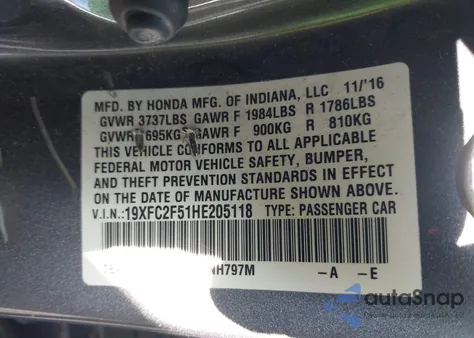 2017 Honda Civic Lx из США, поврежденный, VIN 19XFC2F51HE205118